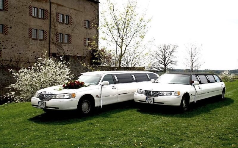 Zwei Lincoln Town Car Stretchlimousinen mit Blumenschmuck auf grüner Wiese